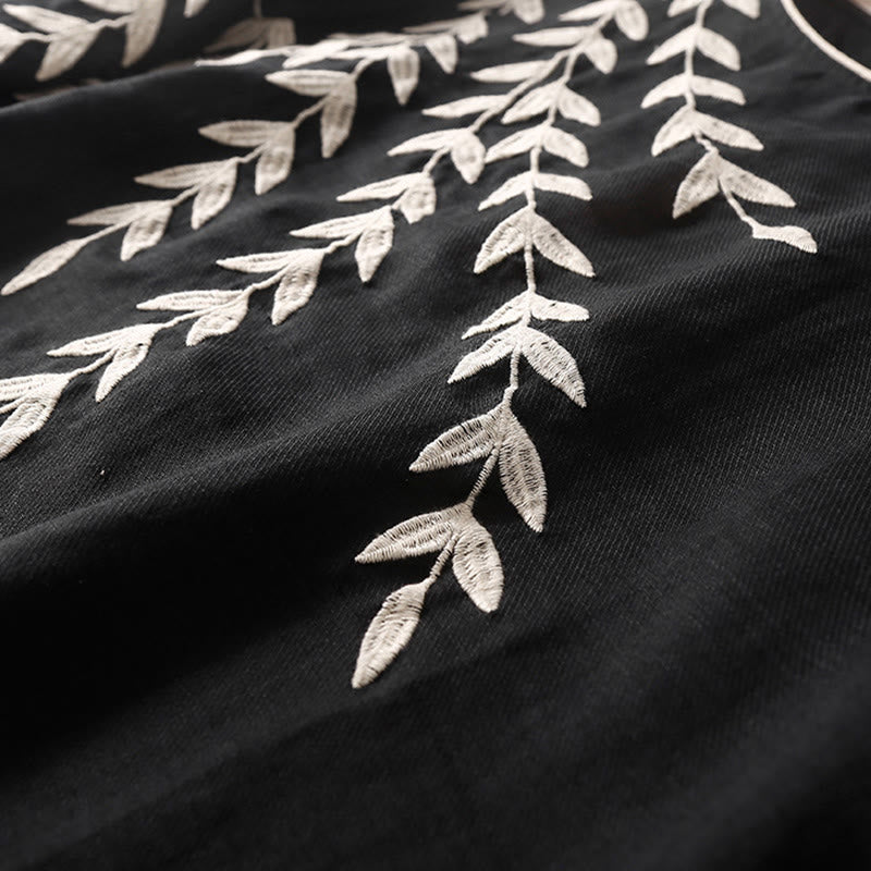 Buddha Stones Casual Embroidery Split Three Quarter Sleeve Cotton Linen Midi Dress - image 4