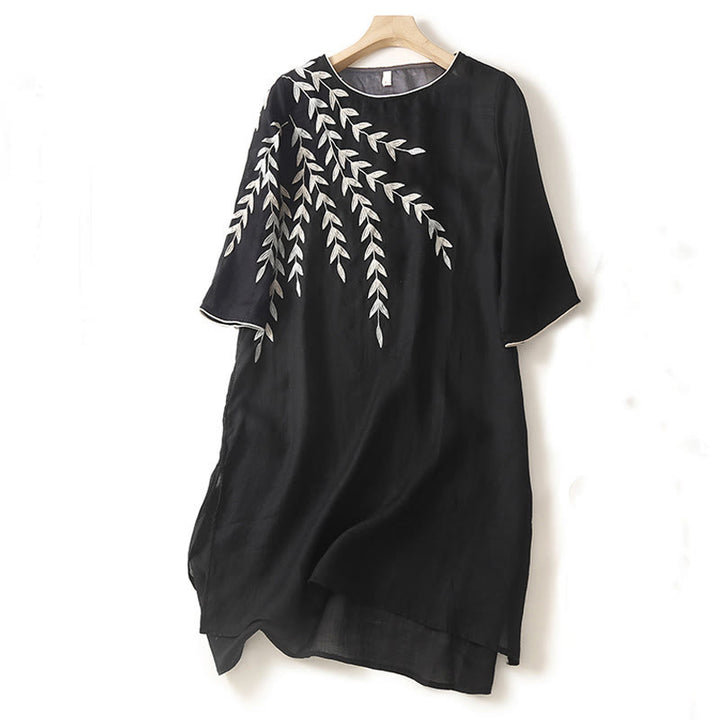 Buddha Stones Casual Embroidery Split Three Quarter Sleeve Cotton Linen Midi Dress - Black - US8-10，UK/AU12-14，EU40-42 (2XL) - image 0