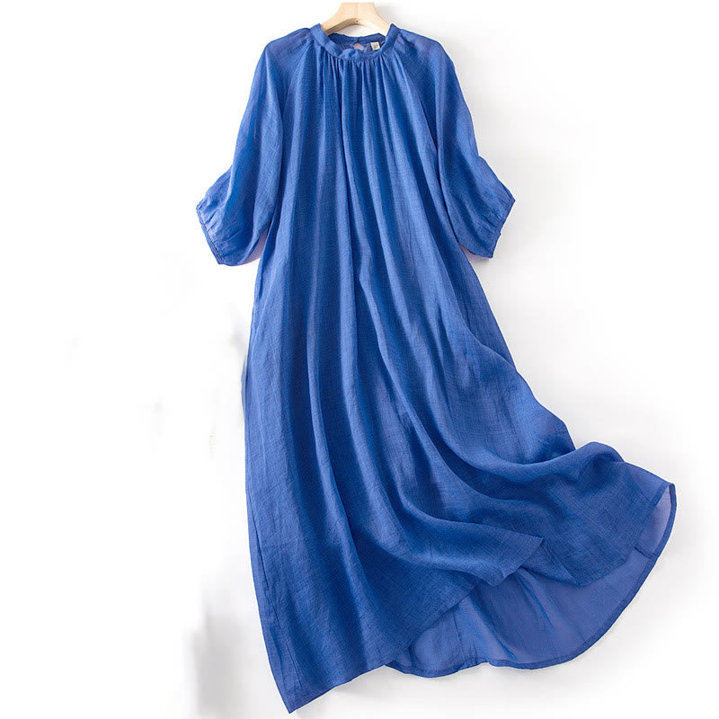 Buddha Stones Plain Drawstring Three Quarter Puff Sleeve Cotton Linen Midi Dress With Pockets - image 2