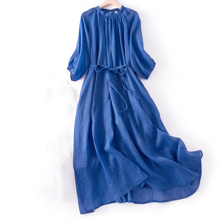 Buddha Stones Plain Drawstring Three Quarter Puff Sleeve Cotton Linen Midi Dress With Pockets - Blue - US12，UK/AU16，EU44 (XL) - image 0