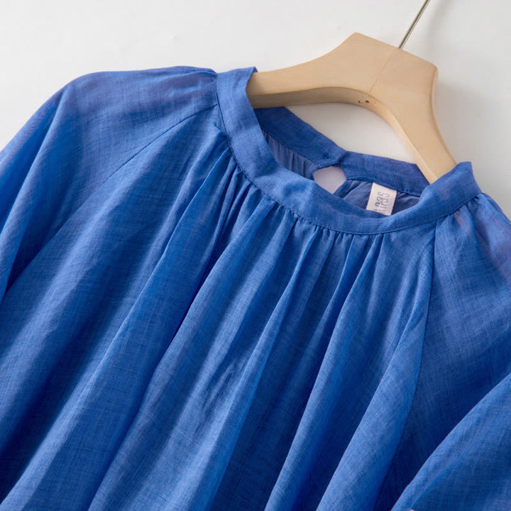 Buddha Stones Plain Drawstring Three Quarter Puff Sleeve Cotton Linen Midi Dress With Pockets - image 3