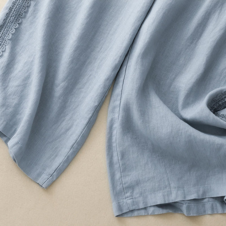 Buddha Stones Plain Color Lace Stitching Cotton Linen Women's Wide Leg Pants With Pockets - image 2