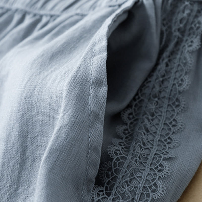 Buddha Stones Plain Color Lace Stitching Cotton Linen Women's Wide Leg Pants With Pockets - image 4