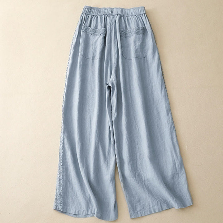 Buddha Stones Plain Color Lace Stitching Cotton Linen Women's Wide Leg Pants With Pockets - image 1