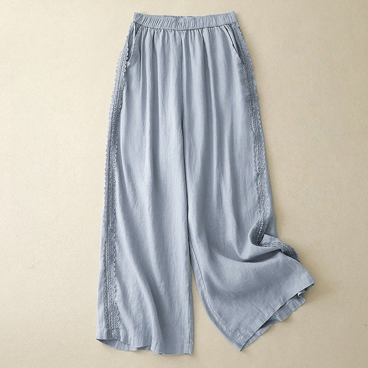 Buddha Stones Plain Color Lace Stitching Cotton Linen Women's Wide Leg Pants With Pockets - LightSkyBlue - US8-10，UK/AU12-14，EU40-42 (2XL) - image 0