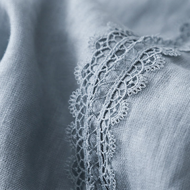 Buddha Stones Plain Color Lace Stitching Cotton Linen Women's Wide Leg Pants With Pockets - image 3