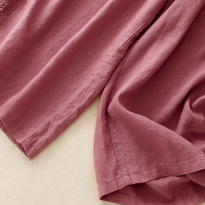 Buddha Stones Plain Color Lace Stitching Cotton Linen Women's Wide Leg Pants With Pockets - image 14