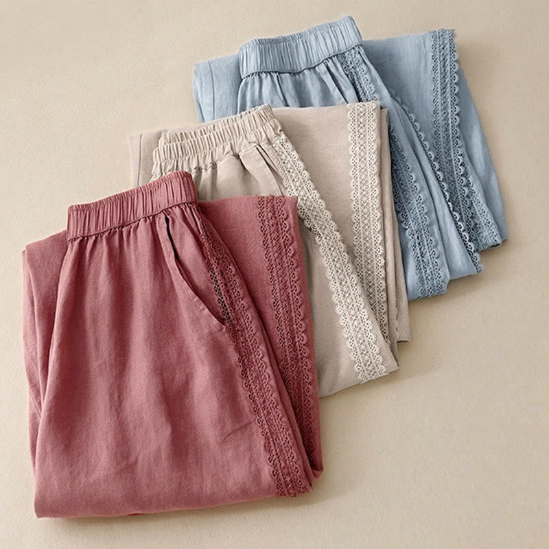 Buddha Stones Plain Color Lace Stitching Cotton Linen Women's Wide Leg Pants With Pockets - image 18