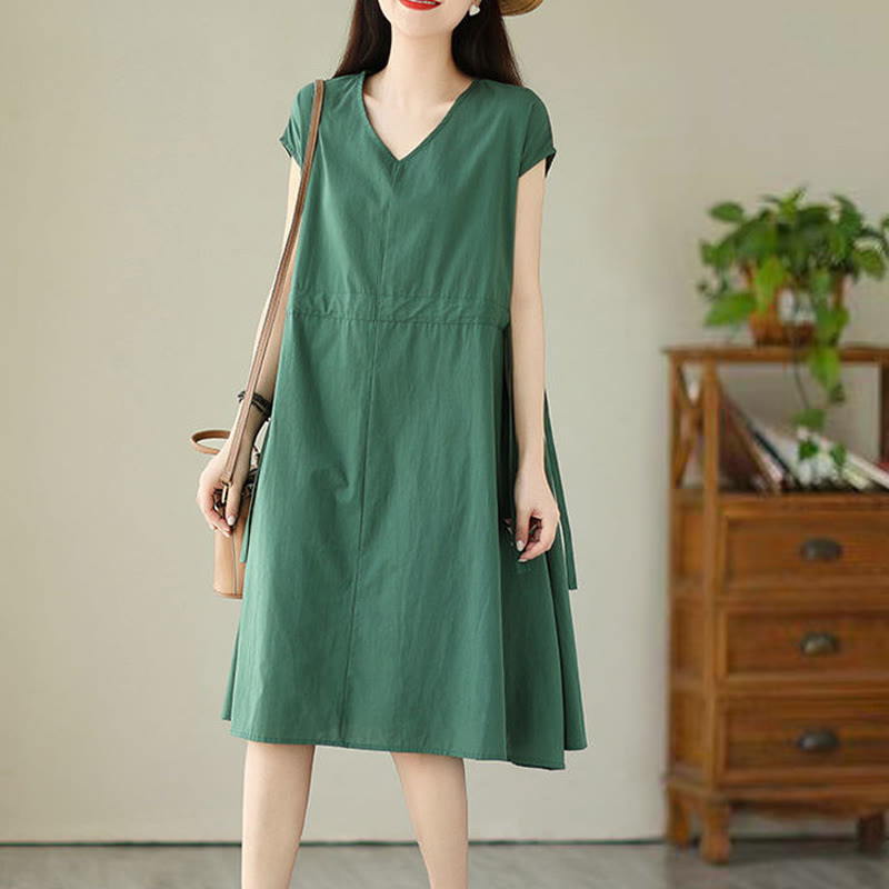 Buddha Stones Pure Color Lace-Up Short Sleeve Cotton Linen Midi Dress With Pockets - image 4