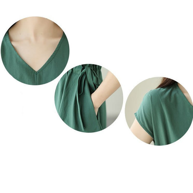 Buddha Stones Pure Color Lace-Up Short Sleeve Cotton Linen Midi Dress With Pockets - image 12