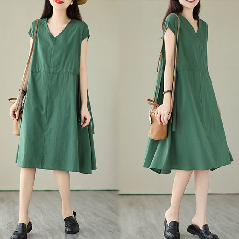 Buddha Stones Pure Color Lace-Up Short Sleeve Cotton Linen Midi Dress With Pockets - image 5
