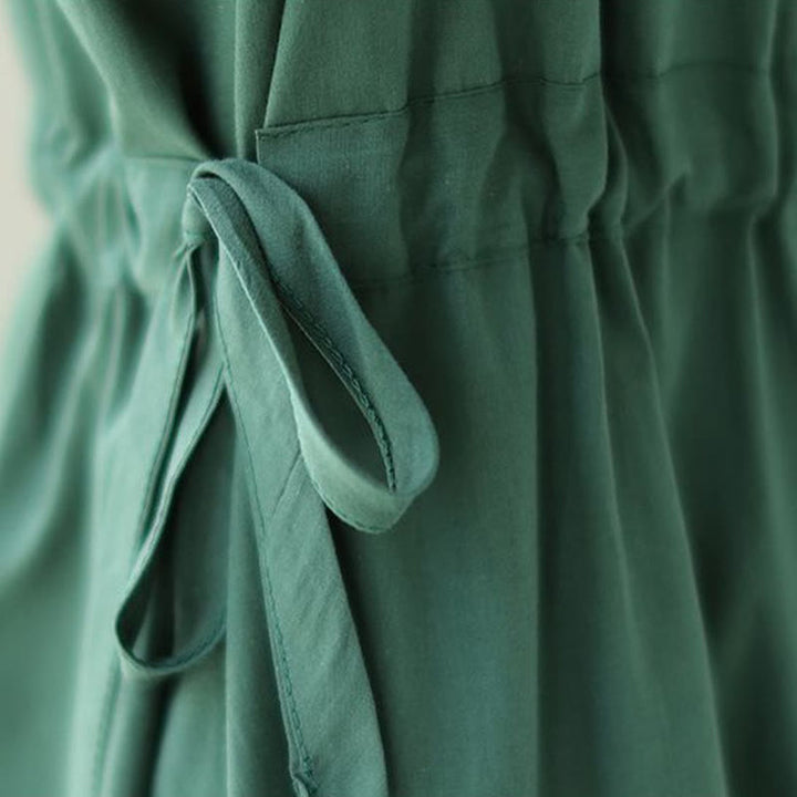 Buddha Stones Pure Color Lace-Up Short Sleeve Cotton Linen Midi Dress With Pockets - image 10