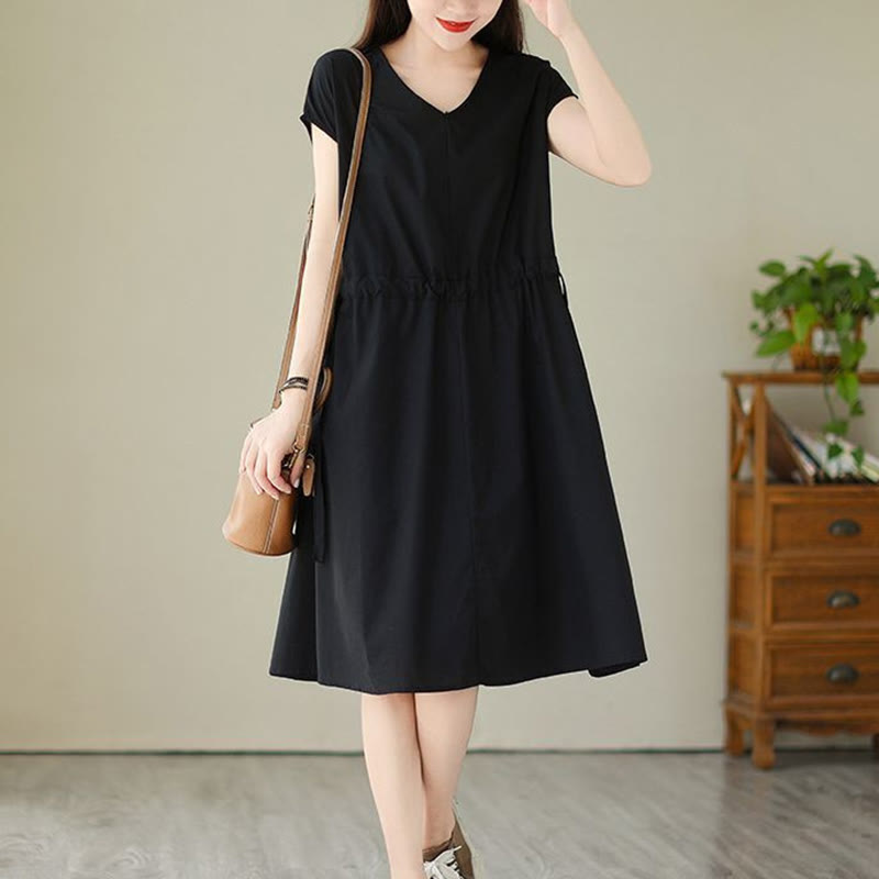 Buddha Stones Pure Color Lace-Up Short Sleeve Cotton Linen Midi Dress With Pockets - Black - US12，UK/AU16，EU44 (3XL) - image 17