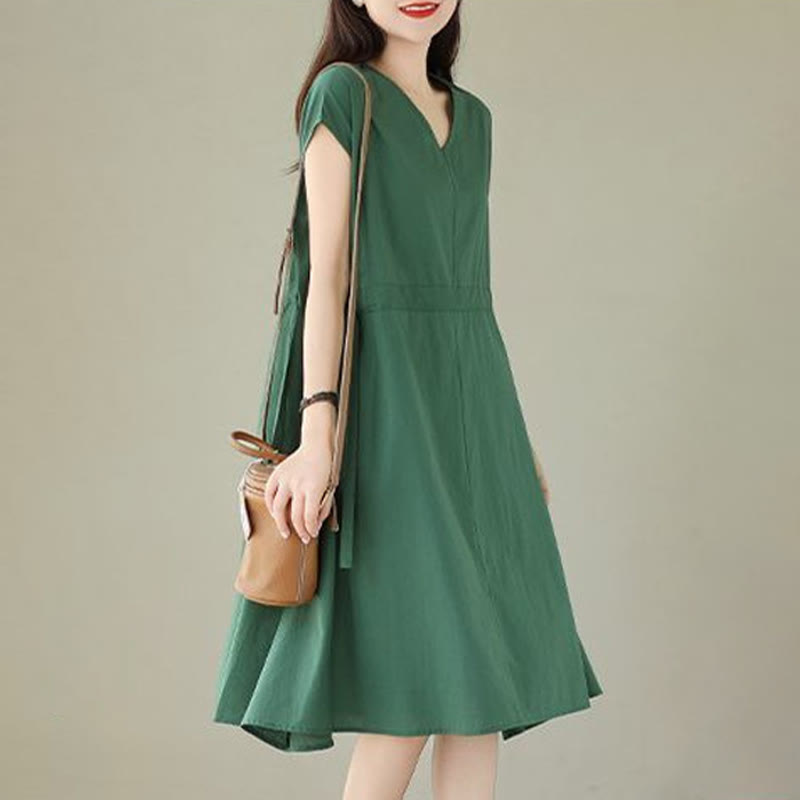 Buddha Stones Pure Color Lace-Up Short Sleeve Cotton Linen Midi Dress With Pockets - image 2