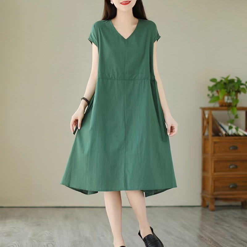 Buddha Stones Pure Color Lace-Up Short Sleeve Cotton Linen Midi Dress With Pockets - SeaGreen - US12，UK/AU16，EU44 (3XL) - image 0