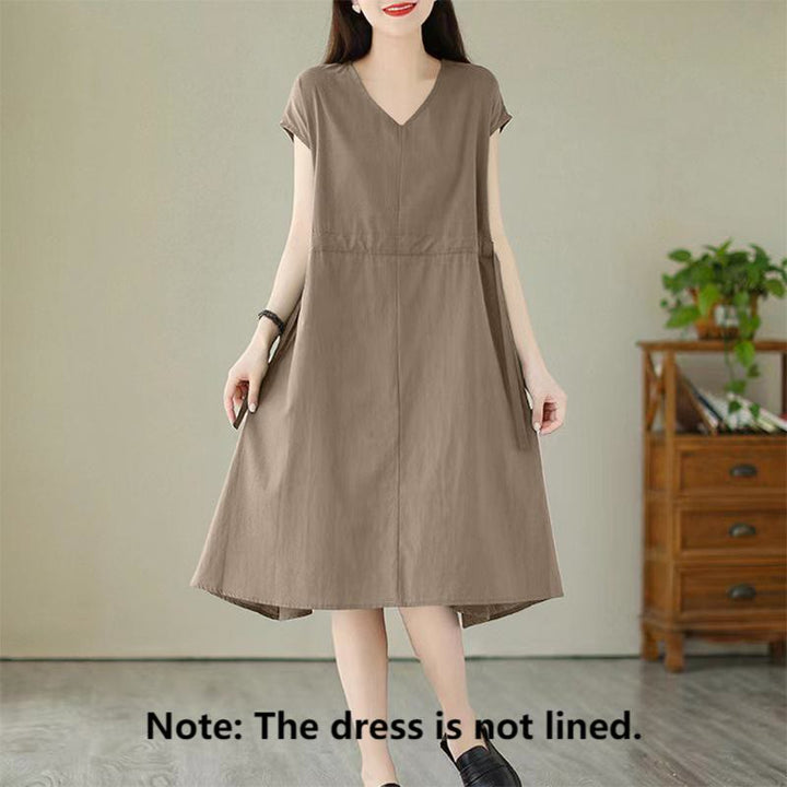 Buddha Stones Pure Color Lace-Up Short Sleeve Cotton Linen Midi Dress With Pockets - image 14