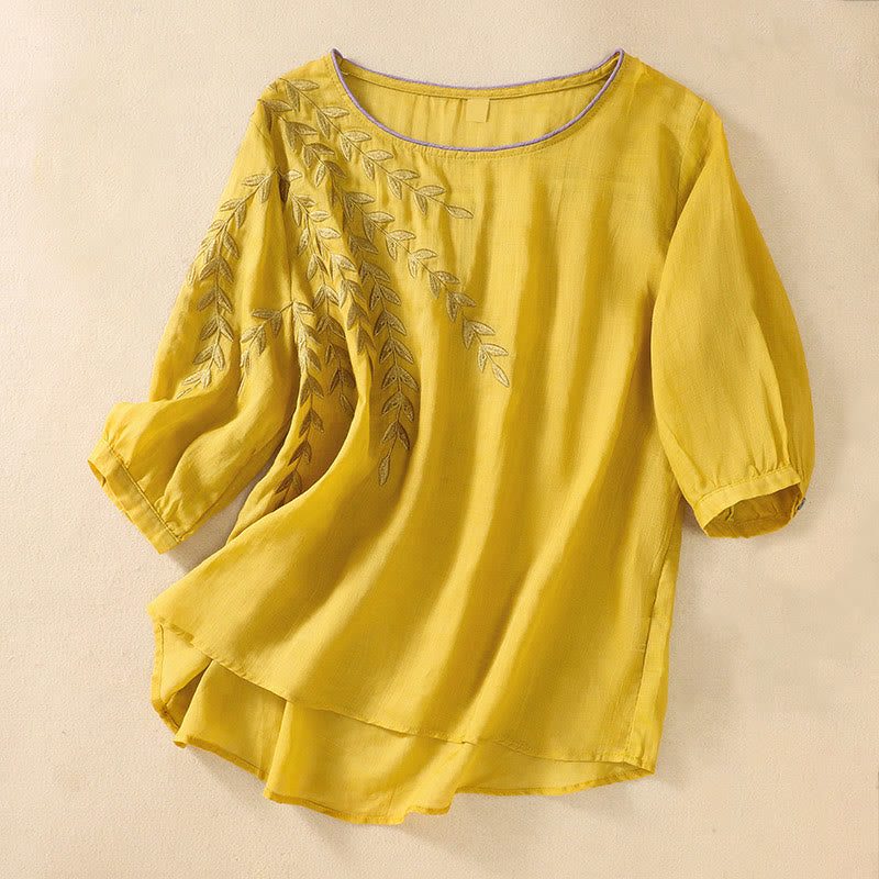 Buddha Stones Embroidery Leaves Women's Half Sleeve T-shirt - Gold - US8-10，UK/AU12-14，EU40-42 (2XL) - image 0