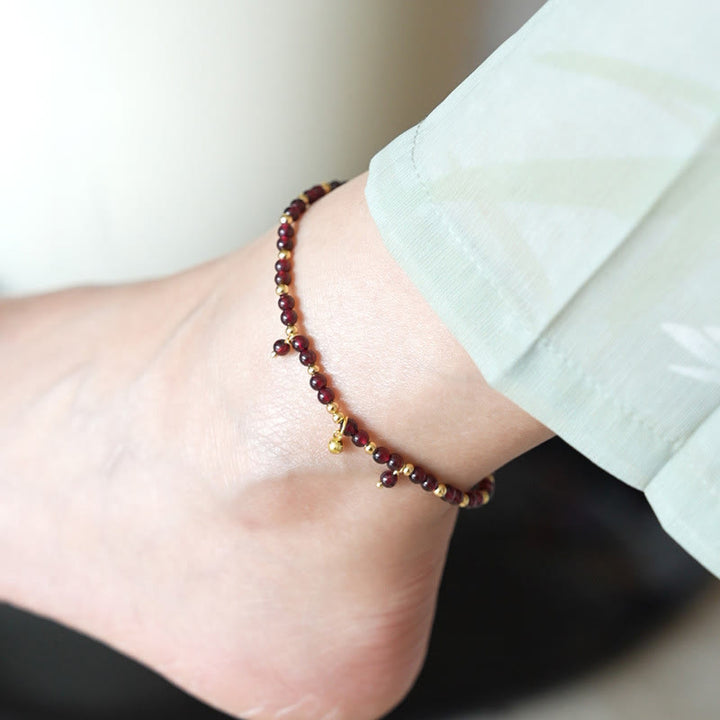 Buddha Stones Natural 4mm Garnet Copper Gold Plated Calm Anklet - 4mm Garnet Golden Bead - image 0