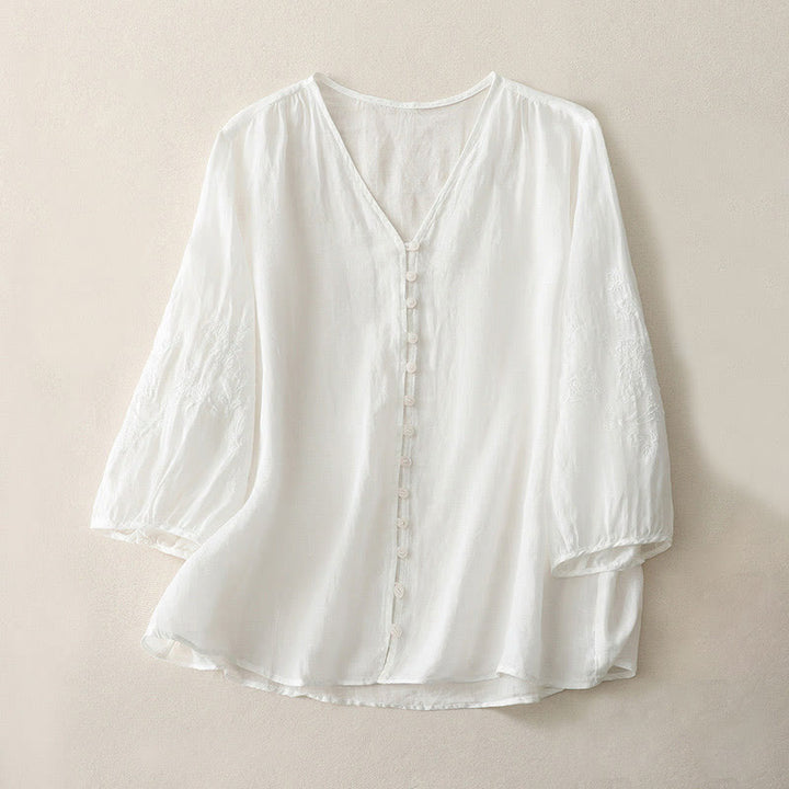 Buddha Stones Embroidery Button-down Women's Shirt - White - US8-10，UK/AU12-14，EU40-42 (2XL) - image 5
