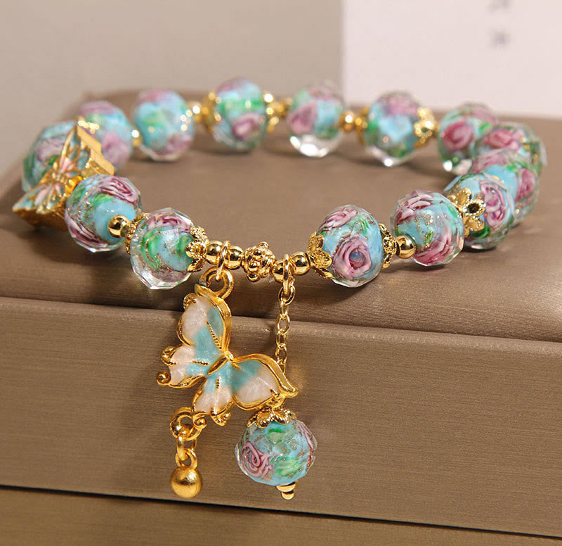 Buddha Stones Butterfly Charm Rose Flower Liuli Bracelet - image 2