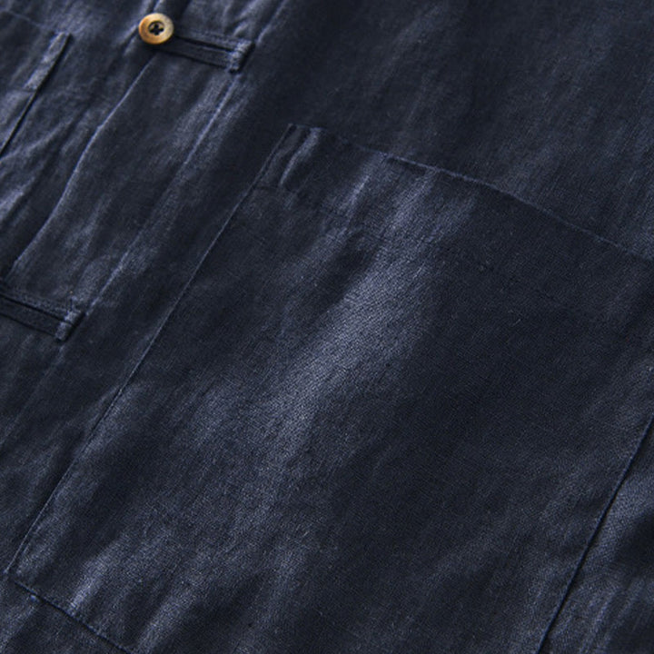 Buddha Stones Solid Color Buttons Men's Short Sleeve Linen Shirt With Pockets - image 16