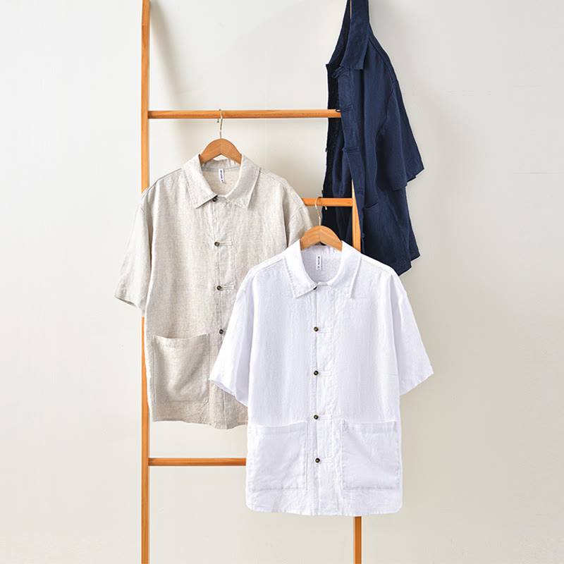 Buddha Stones Solid Color Buttons Men's Short Sleeve Linen Shirt With Pockets - image 25