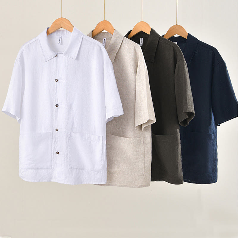 Buddha Stones Solid Color Buttons Men's Short Sleeve Linen Shirt With Pockets - image 26