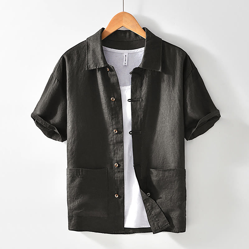 Buddha Stones Solid Color Buttons Men's Short Sleeve Linen Shirt With Pockets - DarkOliveGreen - US/UK/AU42，EU52 (3XL) - image 18