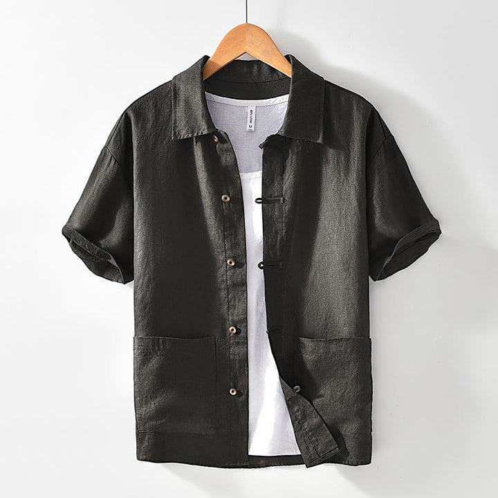 Buddha Stones Solid Color Buttons Men's Short Sleeve Linen Shirt With Pockets - DarkOliveGreen - US/UK/AU42，EU52 (3XL) - image 18