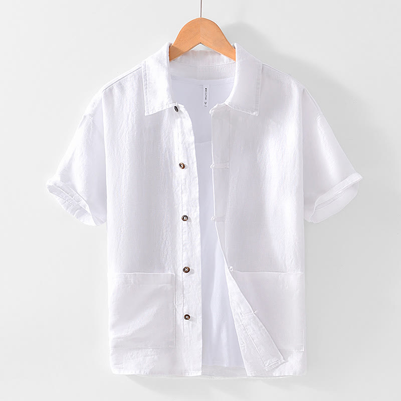 Buddha Stones Solid Color Buttons Men's Short Sleeve Linen Shirt With Pockets - White - US/UK/AU42，EU52 (3XL) - image 7