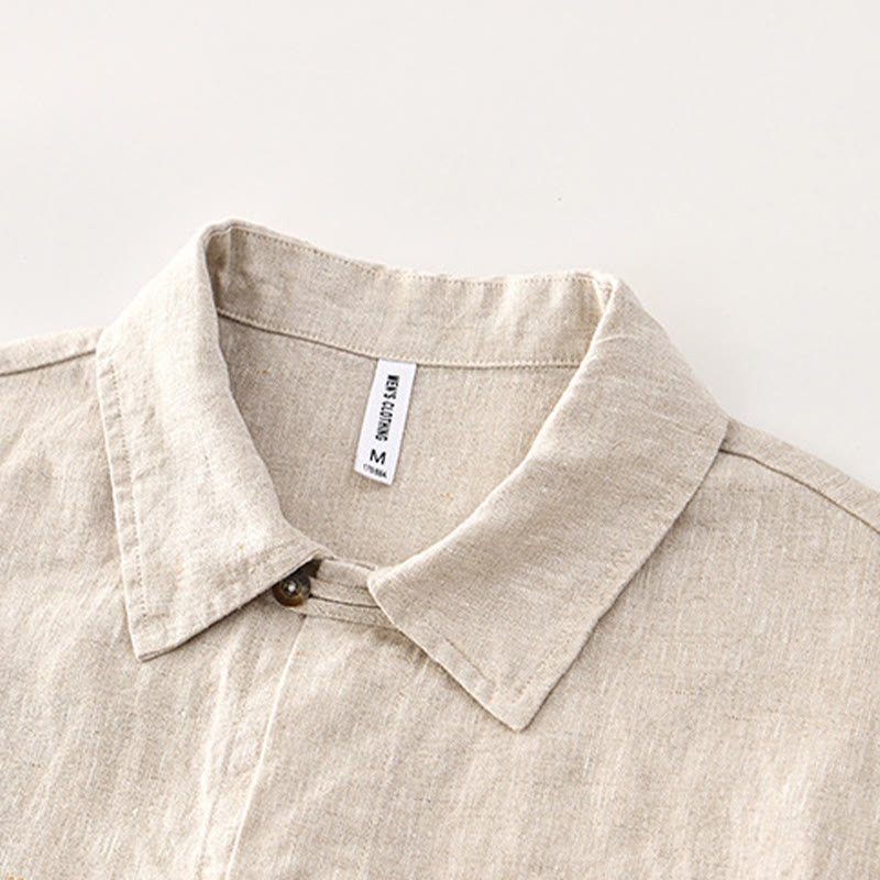 Buddha Stones Solid Color Buttons Men's Short Sleeve Linen Shirt With Pockets - image 1