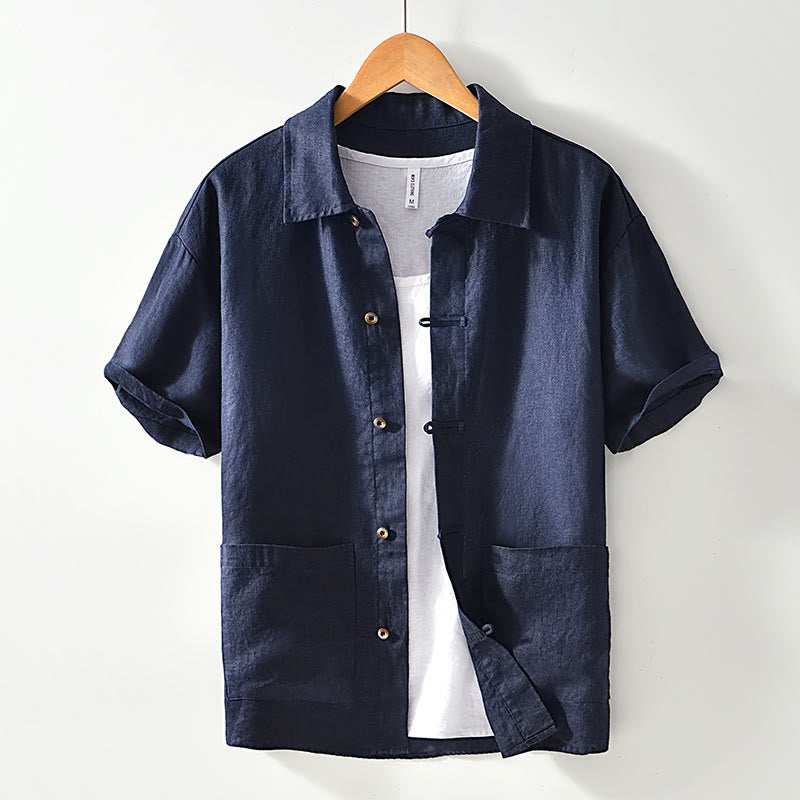 Buddha Stones Solid Color Buttons Men's Short Sleeve Linen Shirt With Pockets - MidnightBlue - US/UK/AU42，EU52 (3XL) - image 12