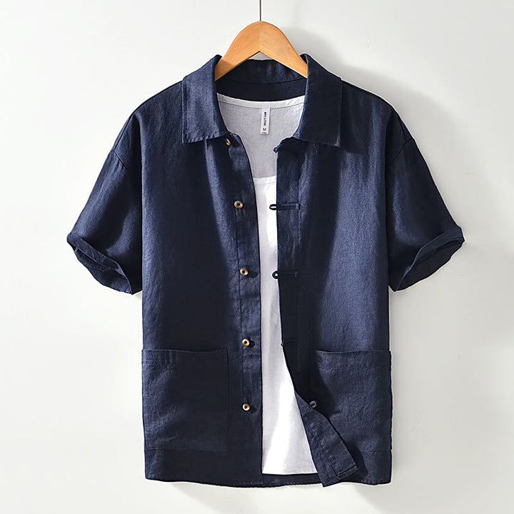 Buddha Stones Solid Color Buttons Men's Short Sleeve Linen Shirt With Pockets - MidnightBlue - US/UK/AU42，EU52 (3XL) - image 12
