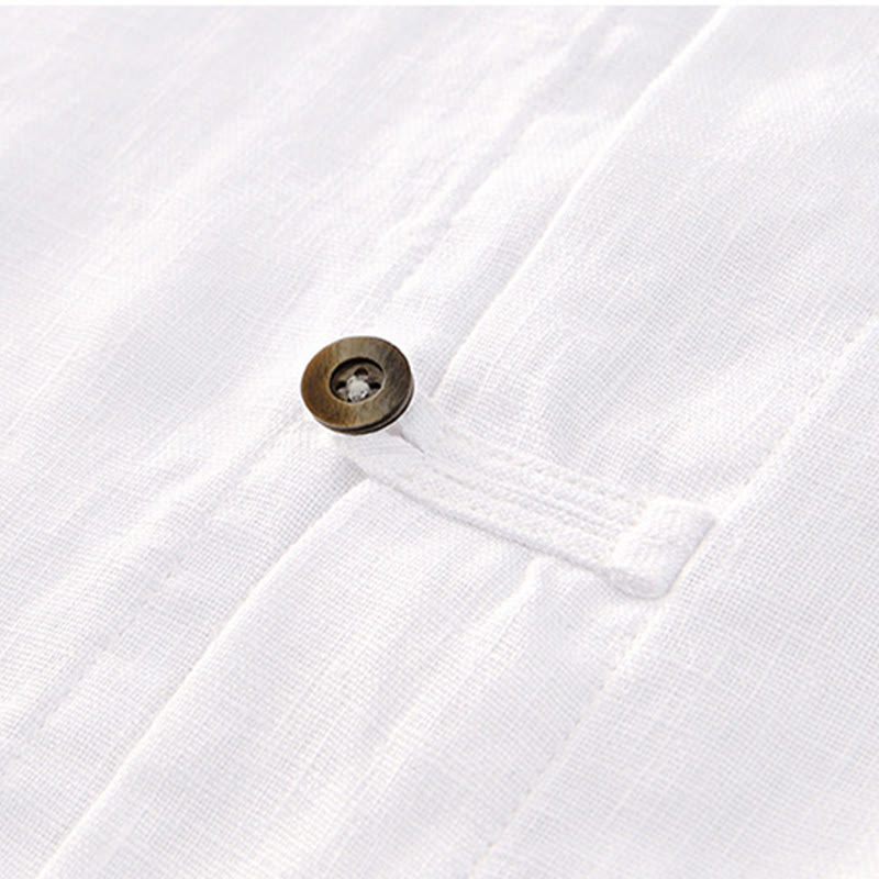 Buddha Stones Solid Color Buttons Men's Short Sleeve Linen Shirt With Pockets - image 9