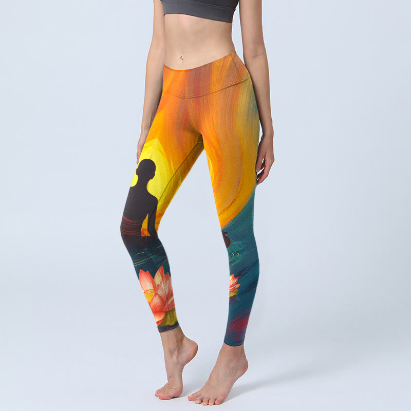 Buddha Stones Meditating Figure Lotus Flower Print Gym Leggings Women's Yoga Pants - SandyBrown - US18，UK/AU22，EU50 (4XL) - image 0