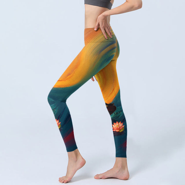 Buddha Stones Meditating Figure Lotus Flower Print Gym Leggings Women's Yoga Pants - image 2