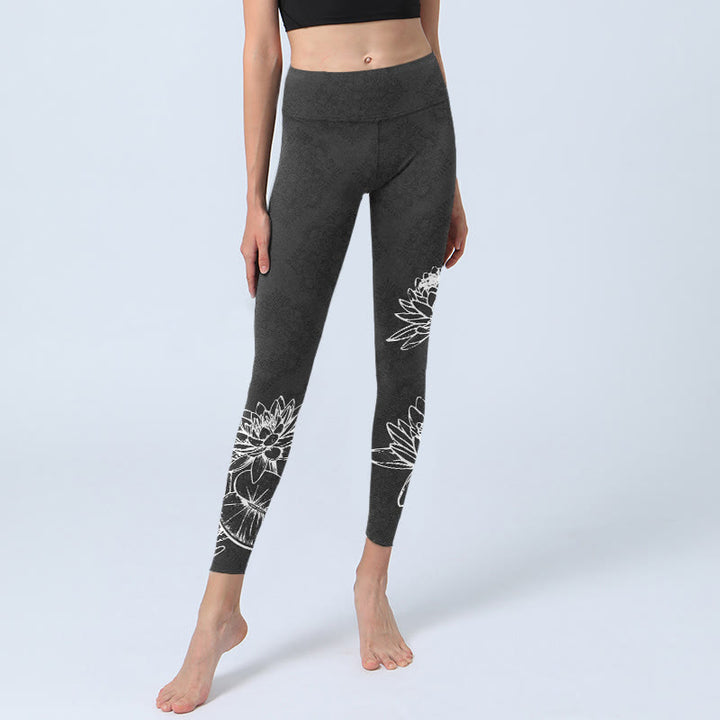 Buddha Stones White Sketch Lotus Flowers Leaves Print Gym Leggings Women's Yoga Pants - image 5