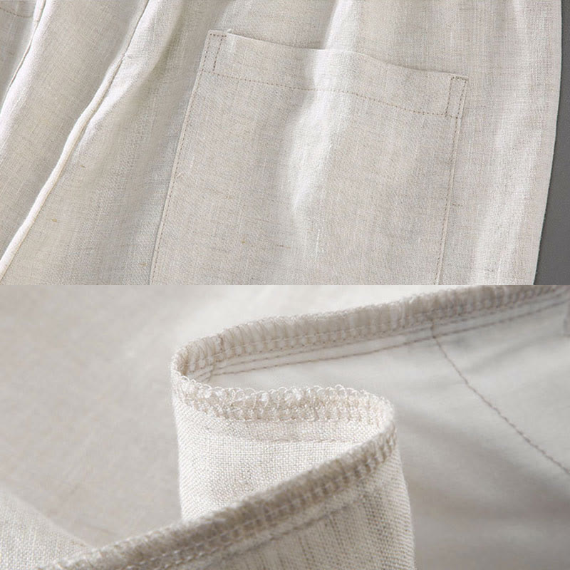 Buddha Stones Summer Solid Color Drawstring Button Design Men's Linen Shorts With Pockets - image 7