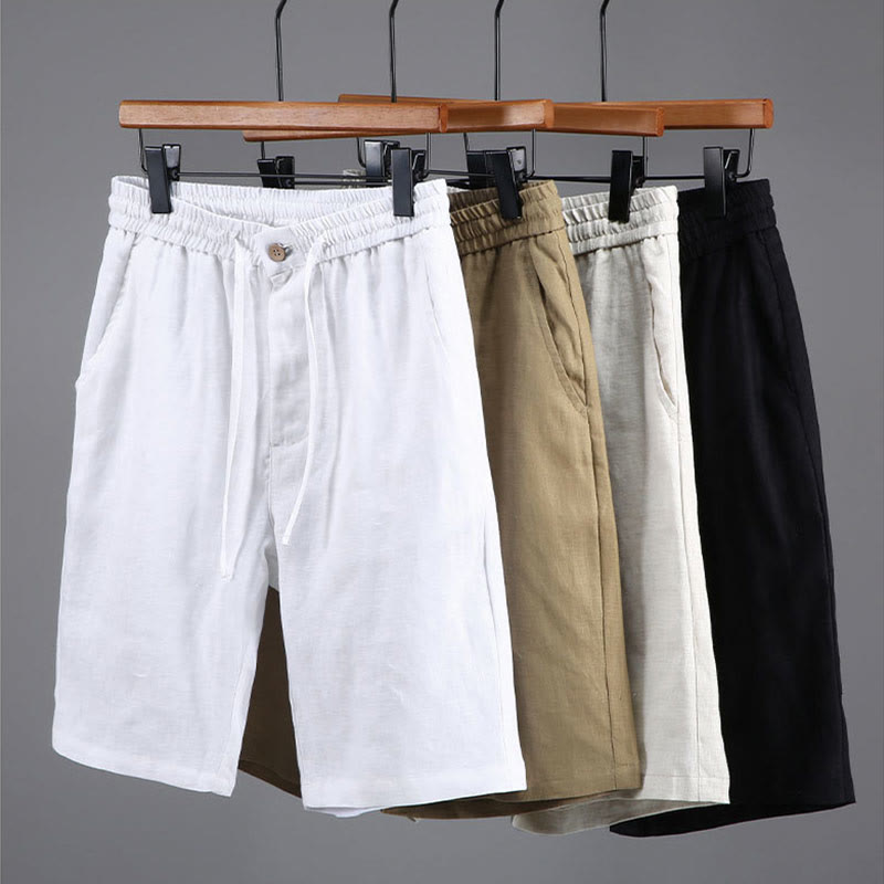 Buddha Stones Summer Solid Color Drawstring Button Design Men's Linen Shorts With Pockets - image 13