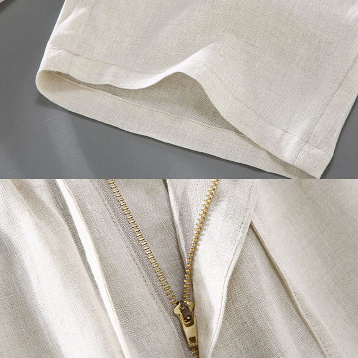 Buddha Stones Summer Solid Color Drawstring Button Design Men's Linen Shorts With Pockets - image 9