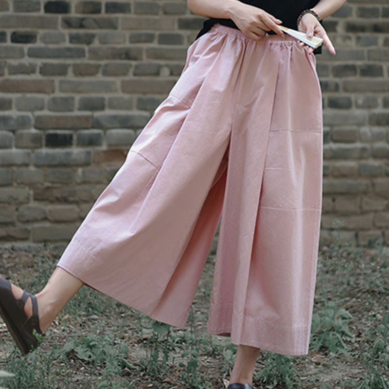 Buddha Stones Casual Plain Cotton High Waist Women's Wide Leg Capri Cropped Pants With Pockets - Pink - US8-10，UK/AU12-14，EU40-42 (2XL) - image 7