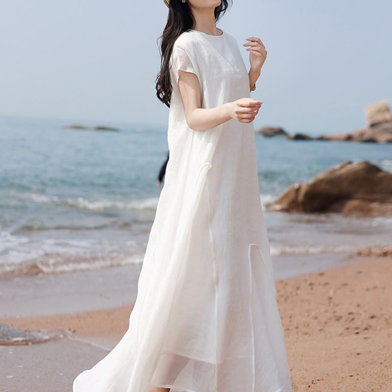 Buddha Stones Plain Irregular Hem Short Sleeve Cotton Linen Maxi Dress - image 15