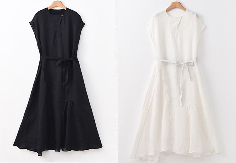 Buddha Stones Plain Irregular Hem Short Sleeve Cotton Linen Maxi Dress - image 22