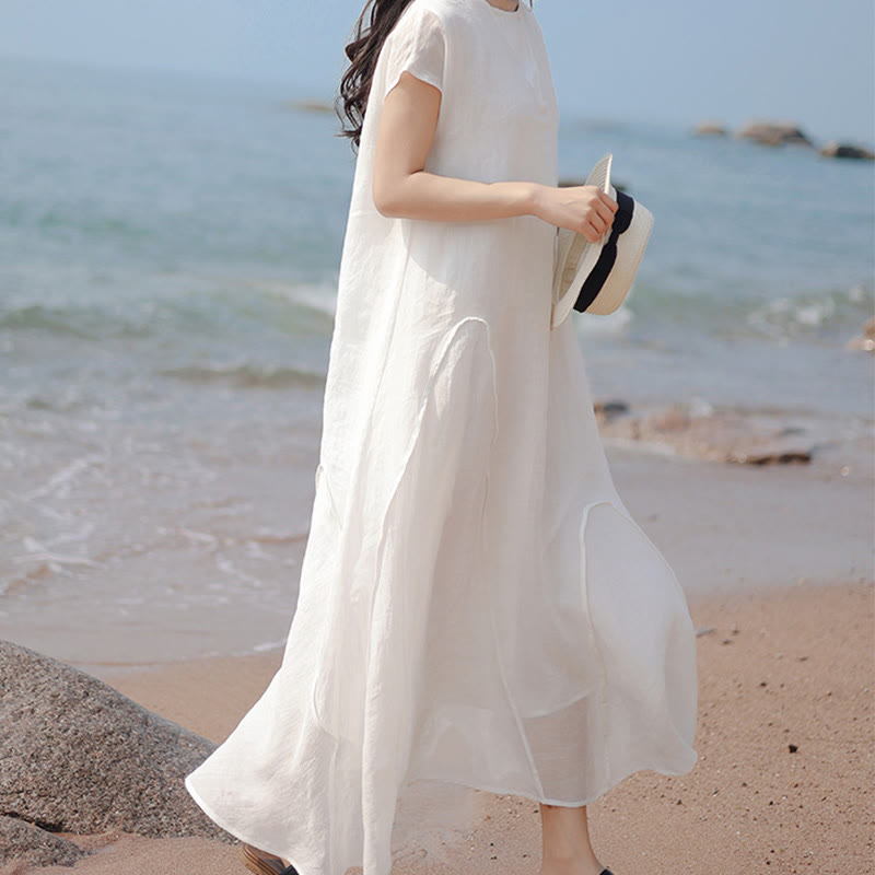 Buddha Stones Plain Irregular Hem Short Sleeve Cotton Linen Maxi Dress - image 18