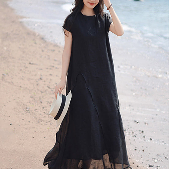 Buddha Stones Plain Irregular Hem Short Sleeve Cotton Linen Maxi Dress - image 3