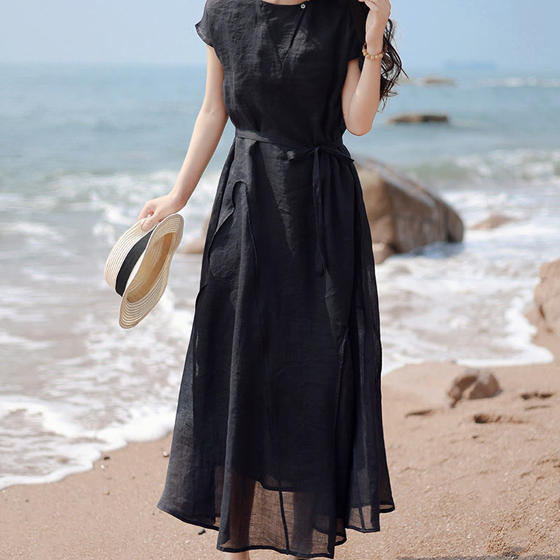 Buddha Stones Plain Irregular Hem Short Sleeve Cotton Linen Maxi Dress - image 7