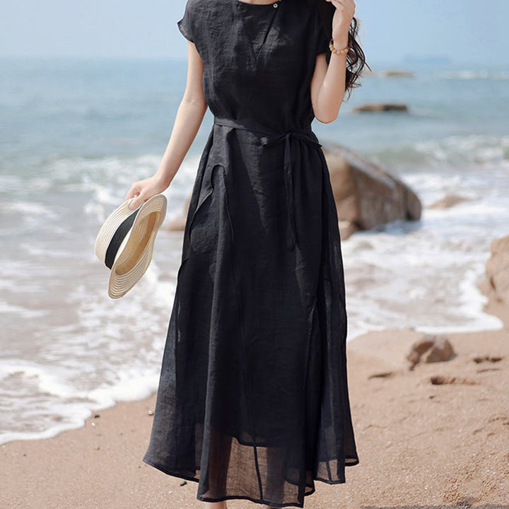 Buddha Stones Plain Irregular Hem Short Sleeve Cotton Linen Maxi Dress - image 7