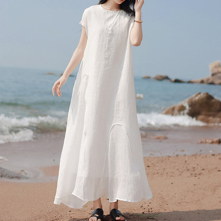 Buddha Stones Plain Irregular Hem Short Sleeve Cotton Linen Maxi Dress - image 21