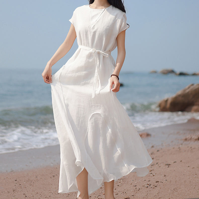 Buddha Stones Plain Irregular Hem Short Sleeve Cotton Linen Maxi Dress - image 17