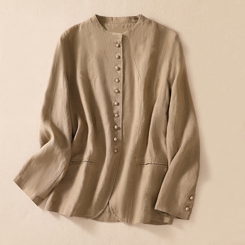 Buddha Stones Women's Cotton Linen Stand Collar Long Sleeve Shirt With Pockets - Tan - US8-10，UK/AU12-14，EU40-42 (2XL) - image 22
